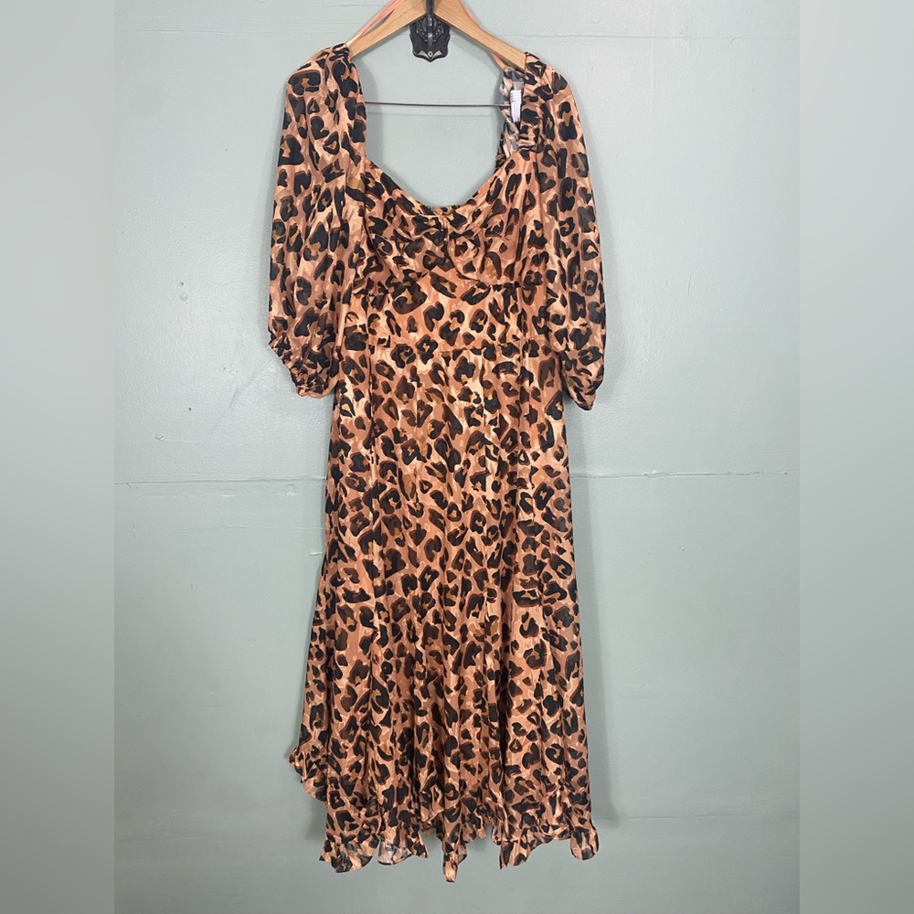 Anthropologie Hutch Leopard Cheetah Twist Puff Sleeve Ruffle Hem Midi Dress 1X - Picture 2 of 7
